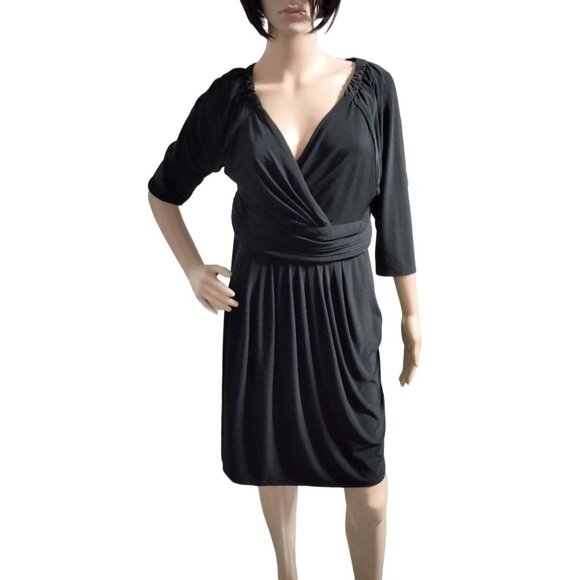Evan-Picone Black Surplice V-Neck Ruched Empire Waist Side Zip Dress Size 14 - Picture 2 of 7